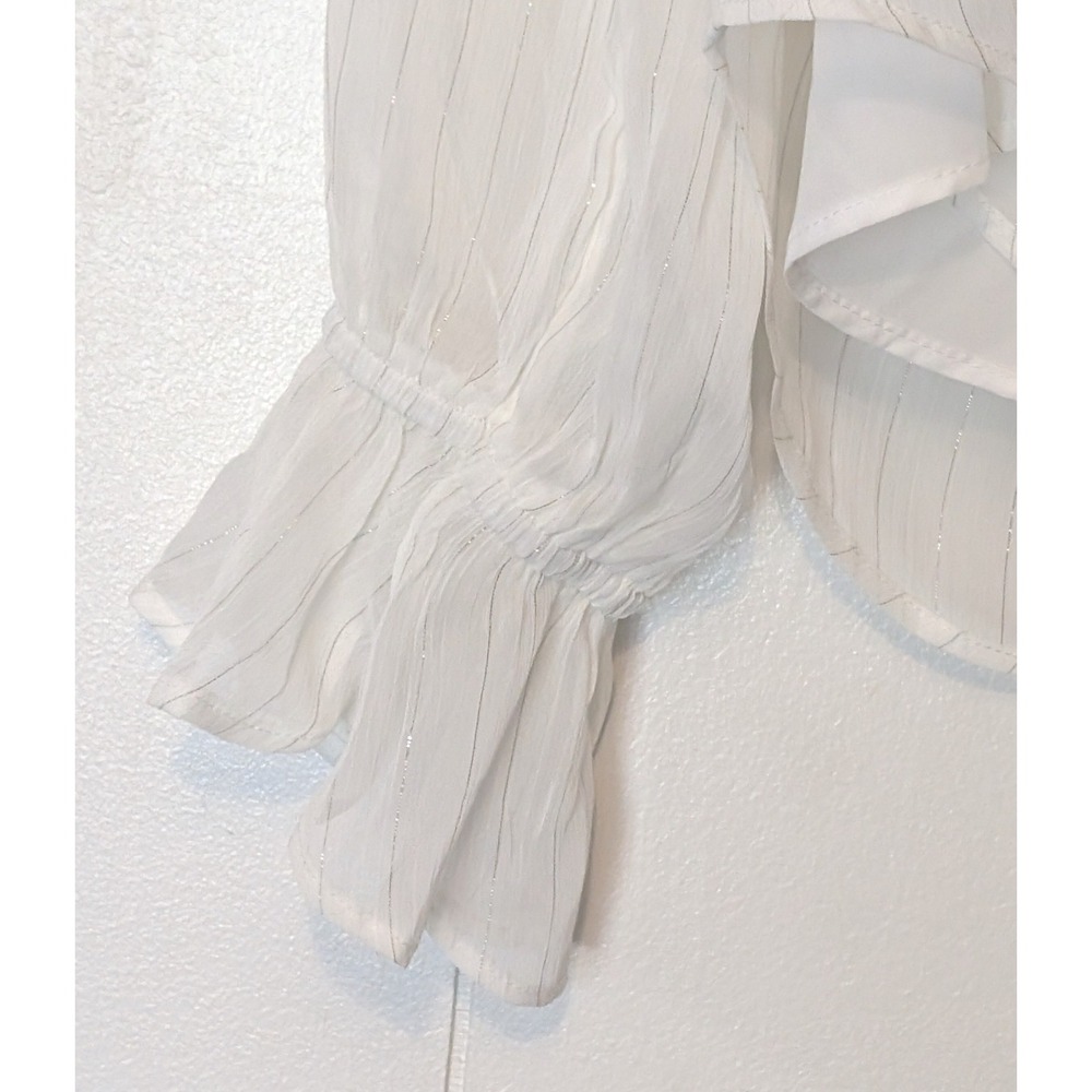 WHBM Tie Neck Blouse NWT White Metallic Pinstripe Ruffle M Office Romantic Fairy - Picture 9 of 12
